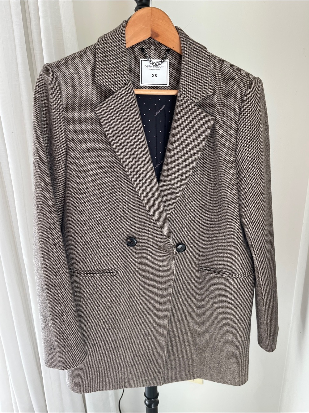 Belle & Bloom Brown Herringbone Double-Breasted Blazer